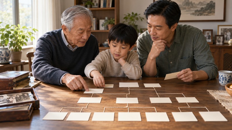 How to Review Chinese Generational Names: Family Poems, Characters, and Context 1 Three generations arranging blank family tree cards for generational name research