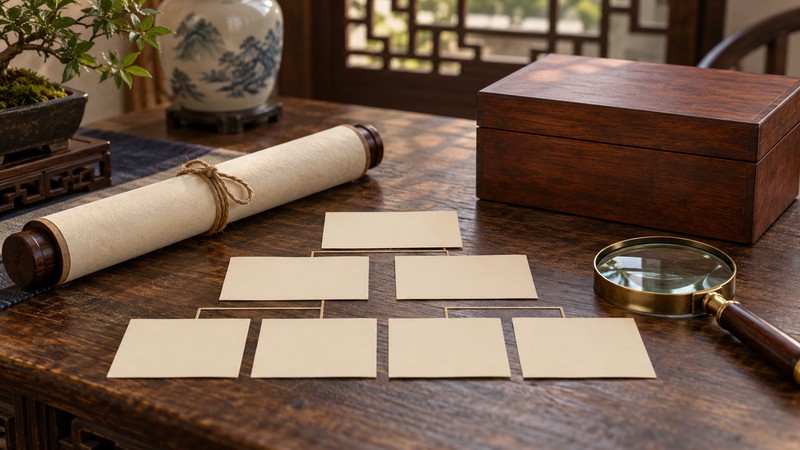 How to Review Chinese Generational Names: Family Poems, Characters, and Context 2 Blank generation cards beside a closed family scroll and archive box