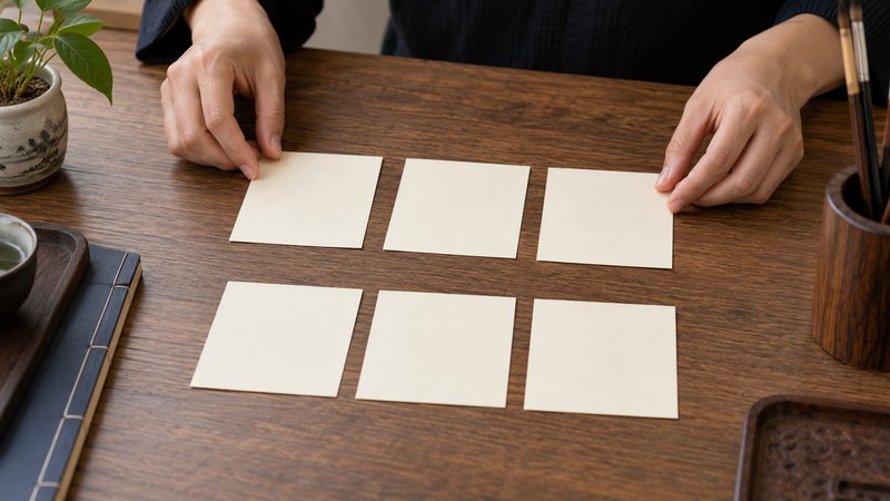 Hands arranging blank cards to compare Chinese surname and given name order