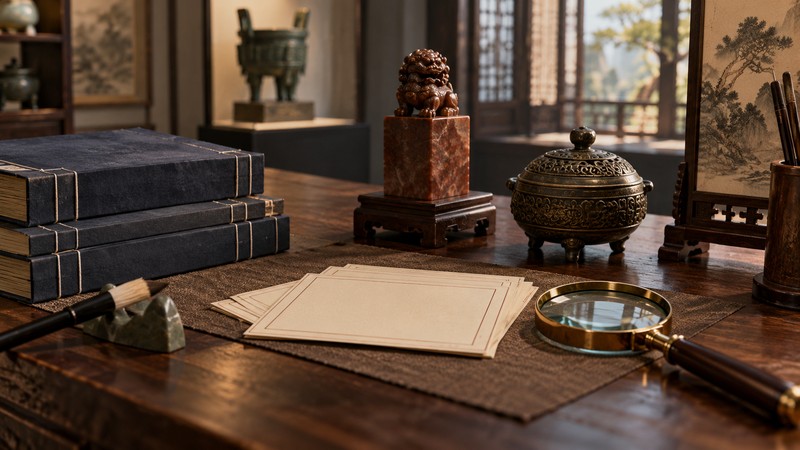 Genealogy research desk with blank family record cards and seal objects