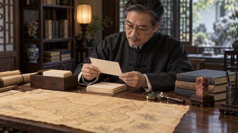 Archivist examining blank surname record cards beside an unlabeled map