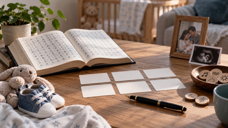 Chinese boy name comparison desk with blank cards
