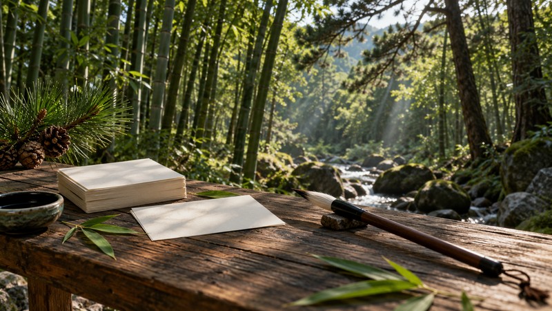 Chinese Names Meaning Forest: Characters, Pinyin, and Usage Checks 1 Bamboo and pine forest beside blank cards for Chinese name research