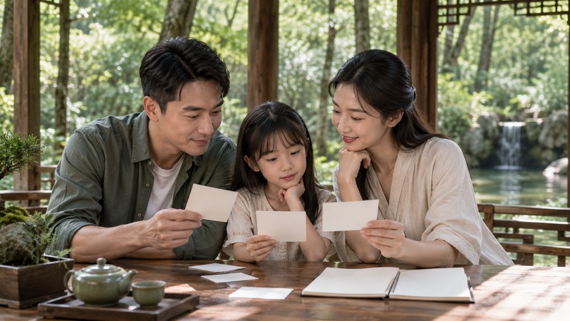 Chinese Names Meaning Forest: Characters, Pinyin, and Usage Checks 3 Family comparing blank name cards in a woodland pavilion
