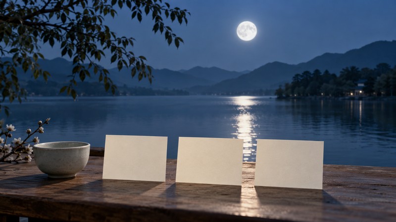 Compare Chinese Names Meaning Moon: Characters, Sound, and Context 1 Moonlit lake beside blank cards for Chinese moon name research