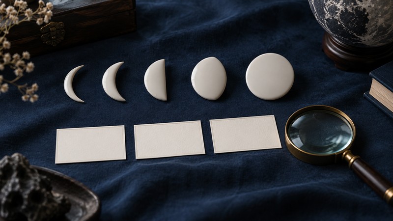 Compare Chinese Names Meaning Moon: Characters, Sound, and Context 2 Ceramic moon phases beside blank name comparison cards