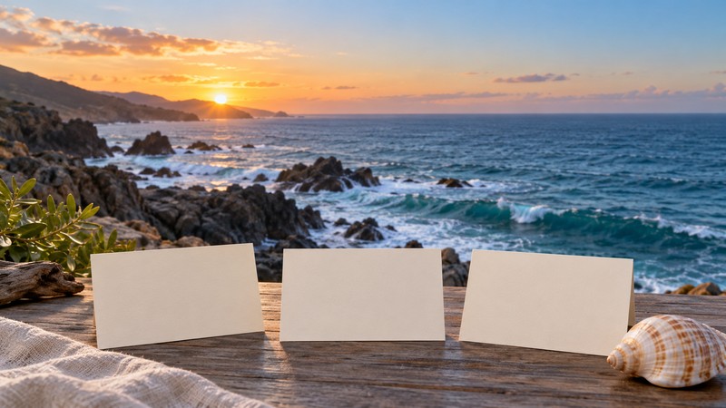 Compare Chinese Names Meaning Ocean: Characters, Sound, and Context 1 Rocky ocean coast beside blank cards for Chinese ocean name research