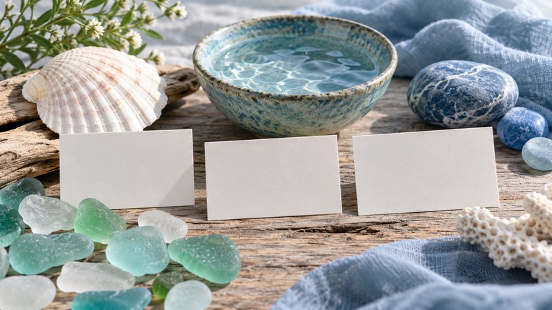Compare Chinese Names Meaning Ocean: Characters, Sound, and Context 2 Sea glass shells and water beside blank ocean name comparison cards