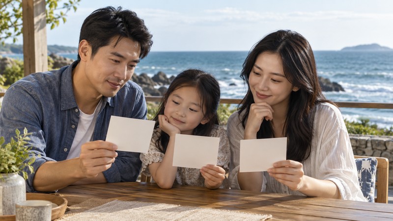 Compare Chinese Names Meaning Ocean: Characters, Sound, and Context 3 Family comparing blank Chinese name cards at a seaside terrace