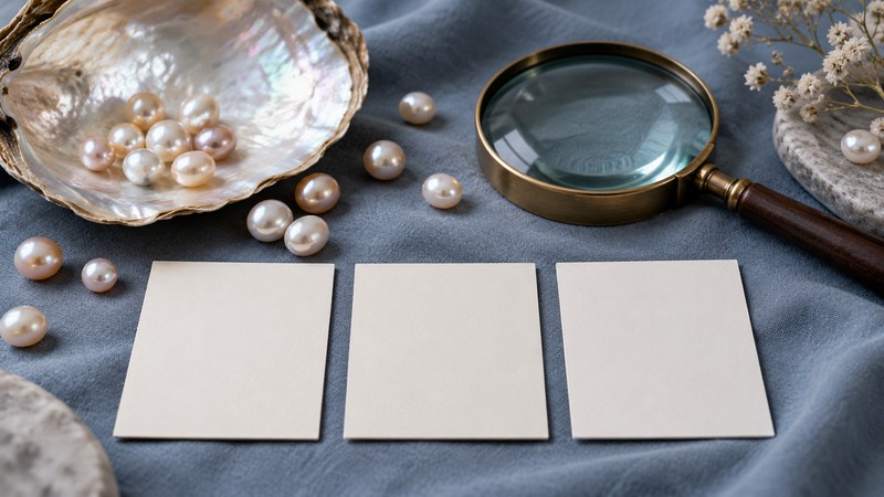 Chinese Names Meaning Pearl: Characters, Pinyin, and Meaning Checks 2 Freshwater pearls and magnifying glass beside blank comparison cards
