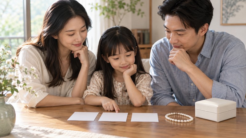 Chinese Names Meaning Pearl: Characters, Pinyin, and Meaning Checks 3 Family comparing blank Chinese name cards beside a pearl necklace