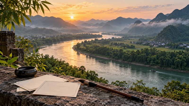 Chinese Names Meaning River: Characters, Pinyin, and Usage Checks 1 Winding river landscape beside blank cards for Chinese name research
