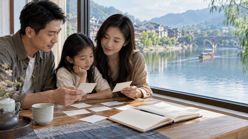 Chinese Names Meaning River: Characters, Pinyin, and Usage Checks 3 Family comparing blank name cards beside a riverside window