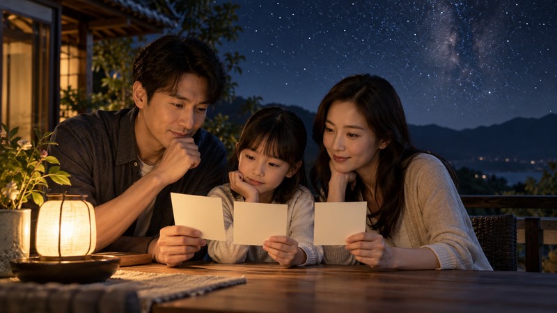 Compare Chinese Names Meaning Star: Characters, Sound, and Context 3 Family comparing blank Chinese name cards beneath a clear starry sky