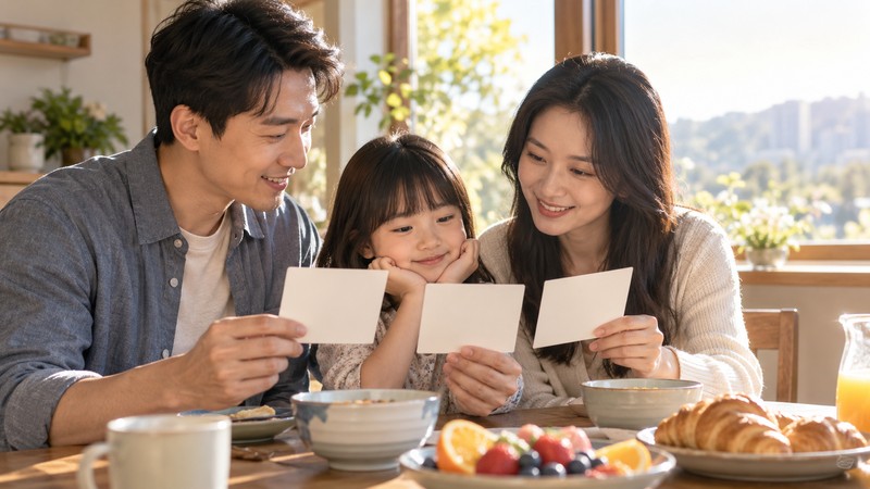 Compare Chinese Names Meaning Sunlight: Characters, Sound, and Context 3 Family comparing blank Chinese name cards in morning sunlight
