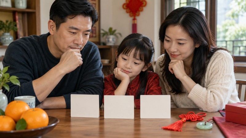 Chinese Names Related to Luck: Characters, Context, and Verification 2 Family comparing blank Chinese name cards with oranges jade and red knot