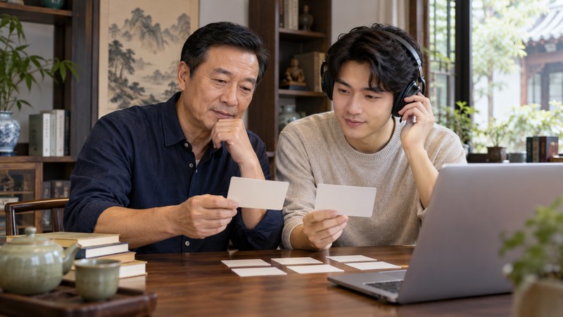 How to Use a Male Chinese Name Generator: Character and Pinyin Checks 2 Father and adult son comparing blank name cards and checking pronunciation