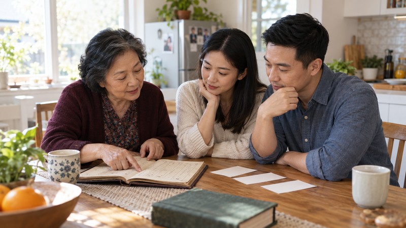 Chinese Last Name Generator: Family Surnames vs Fictional Choices 1 Three people look at an open handwritten book beside blank cards