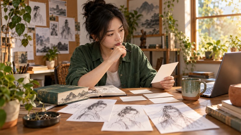 Chinese Last Name Generator: Family Surnames vs Fictional Choices 3 A person looks at character sketches beside several blank cards